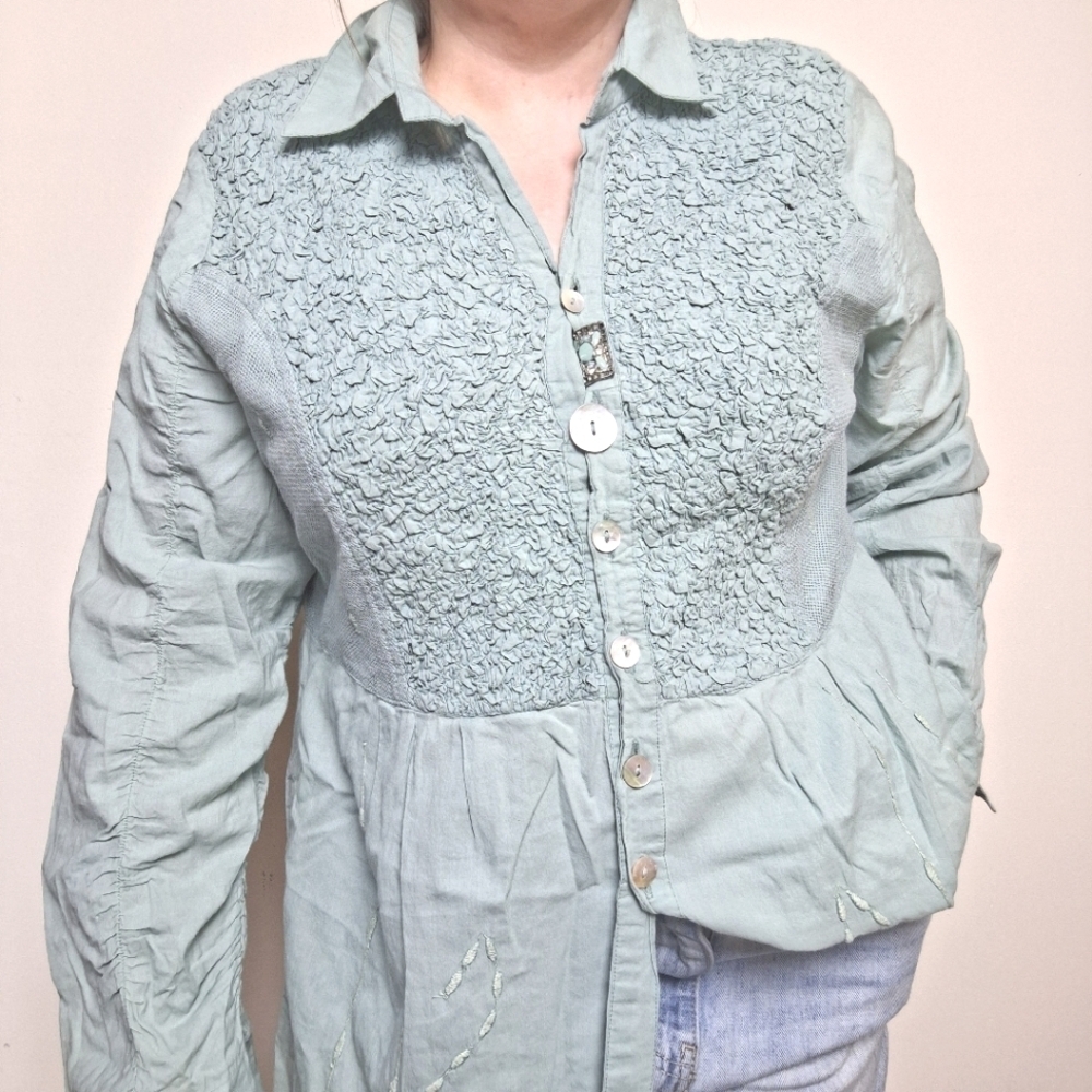Parsley & Sage Embroidered Cotton Button Up Tunic Top with Statement Sleeves